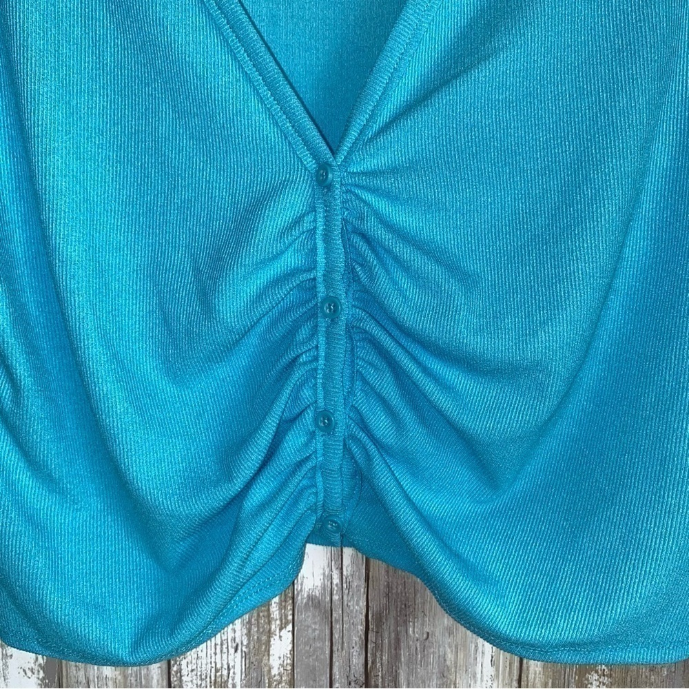 Zara Blue Ruched Crop Top Long Sleeve Stretch Fitted Y2K Coquette Size L - Picture 2 of 5